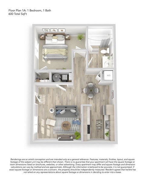 Floor plan for 1 bed, 1 bath, 600 sqft
